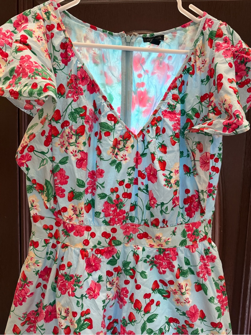 Ann Taylor Floral & Cherry Print Light Blue Dress